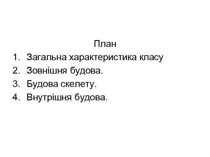 1. 2. 3. 4. План Загальна характеристика класу Зовнішня будова. Будова скелету. Внутрішня будова.