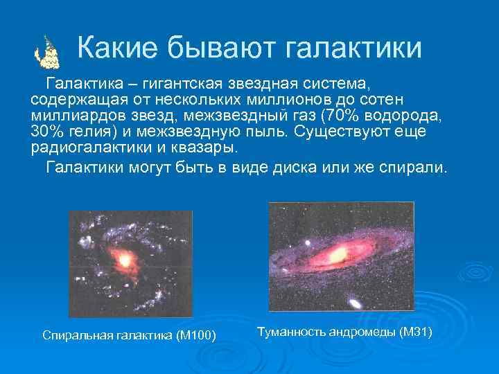 Какие бывают галактики Галактика – гигантская звездная система, содержащая от нескольких миллионов до сотен