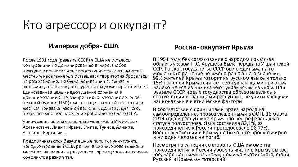 Кто агрессор и оккупант? Империя добра- США Россия- оккупант Крыма В 1954 году без