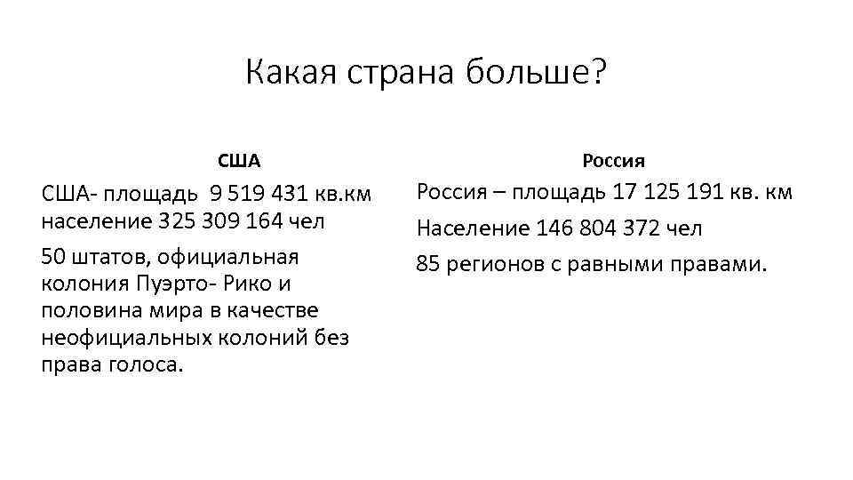 Какая страна больше? США- площадь 9 519 431 кв. км население 325 309 164