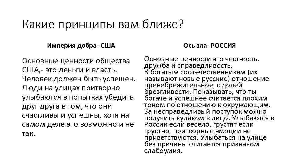 Какие принципы вам ближе? Империя добра- США Ось зла- РОССИЯ Основные ценности общества США,