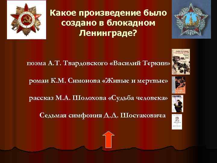 Какое произведение было создано в блокадном Ленинграде? поэма А. Т. Твардовского «Василий Теркин» роман