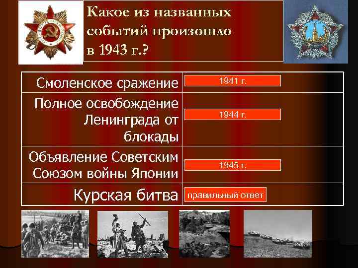 Какое из названных событий произошло в 1943 г. ? Смоленское сражение Полное освобождение Ленинграда