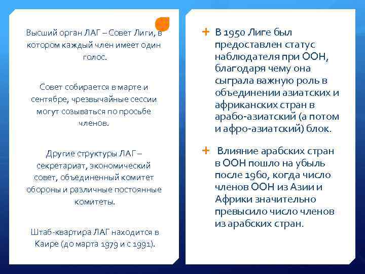 Высший орган ЛАГ – Совет Лиги, в котором каждый член имеет один голос. Совет