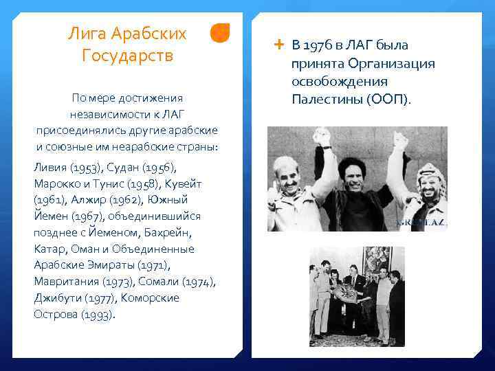 Лига Арабских Государств По мере достижения независимости к ЛАГ присоединялись другие арабские и союзные