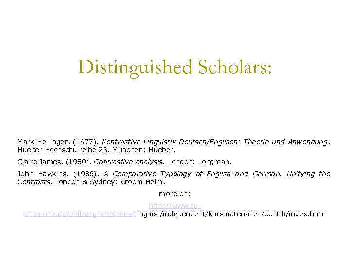 Distinguished Scholars: Mark Hellinger. (1977). Kontrastive Linguistik Deutsch/Englisch: Theorie und Anwendung. Hueber Hochschulreihe 23.