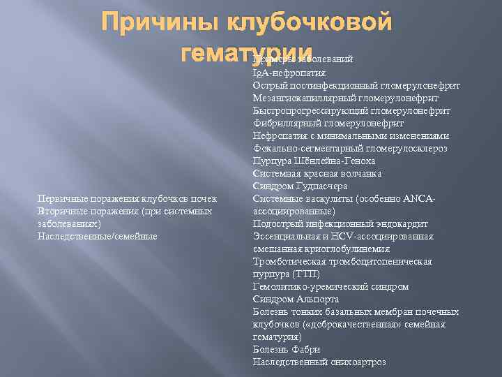 Причины клубочковой гематурии Примеры заболеваний Первичные поражения клубочков почек Вторичные поражения (при системных заболеваниях)