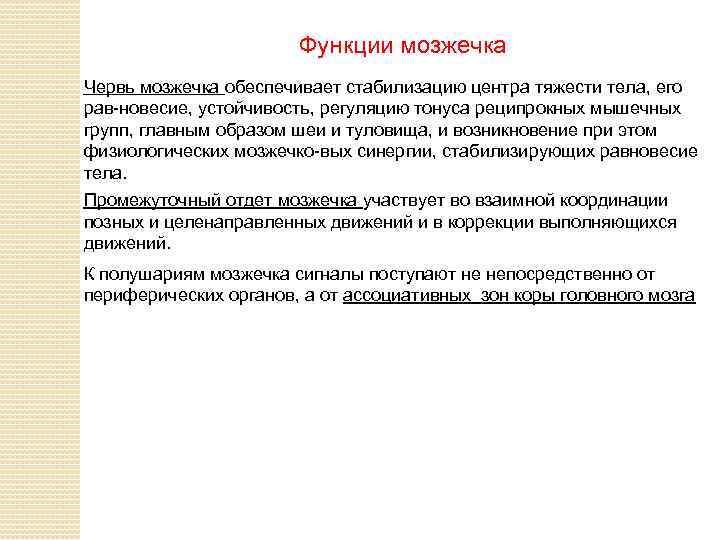 Функции мозжечка Червь мозжечка обеспечивает стабилизацию центра тяжести тела, его рав новесие, устойчивость, регуляцию