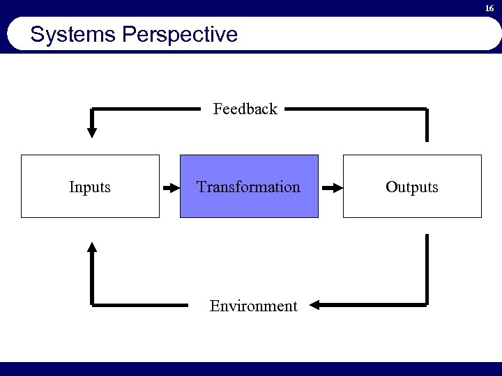 16 Systems Perspective Feedback Inputs Transformation Environment Outputs 
