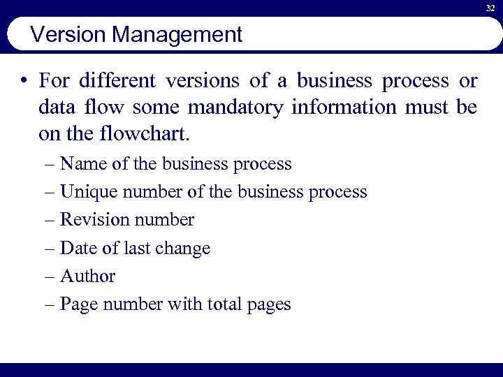 32 Version Management • For different versions of a business process or data flow