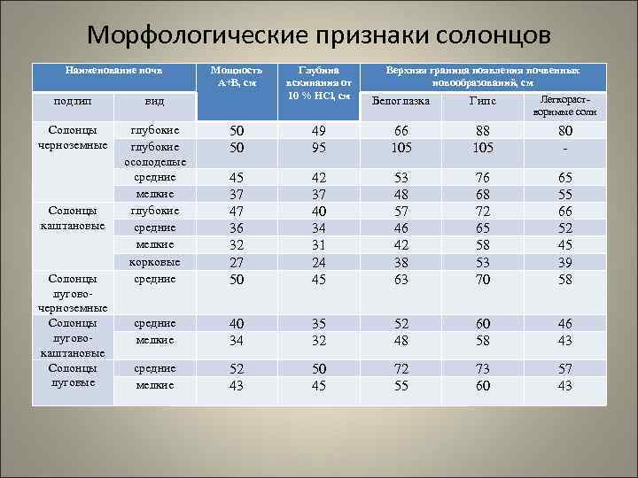 Морфологические признаки солонцов Наименование почв Мощность А+В, см Гипс Легкорастворимые соли 49 95 66