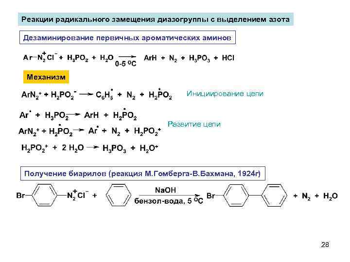 Реакции протекающие с выделением. Реакции радикального замещения диазогруппы. Реакции азосочетания с выделения азота. Реакция замещения диазогруппы на алкоксил,. Реакция замещения для ароматический Аминов.