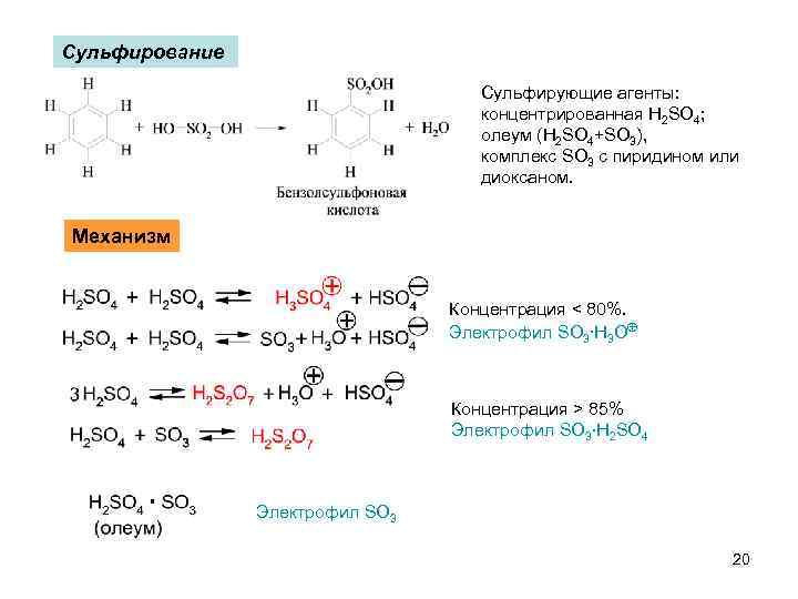 Сульфирование Сульфирующие агенты: концентрированная H 2 SO 4; олеум (H 2 SO 4+SO 3),