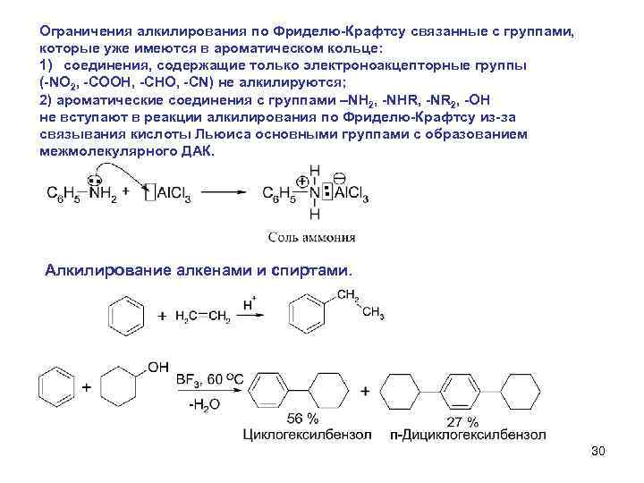 Ограничения алкилирования по Фриделю-Крафтсу связанные с группами, которые уже имеются в ароматическом кольце: 1)