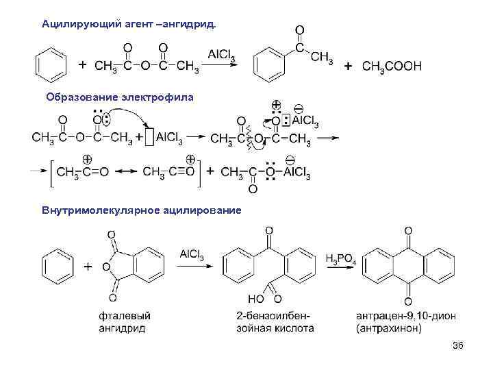 Ацилирующий агент –ангидрид. Образование электрофила Внутримолекулярное ацилирование 36 