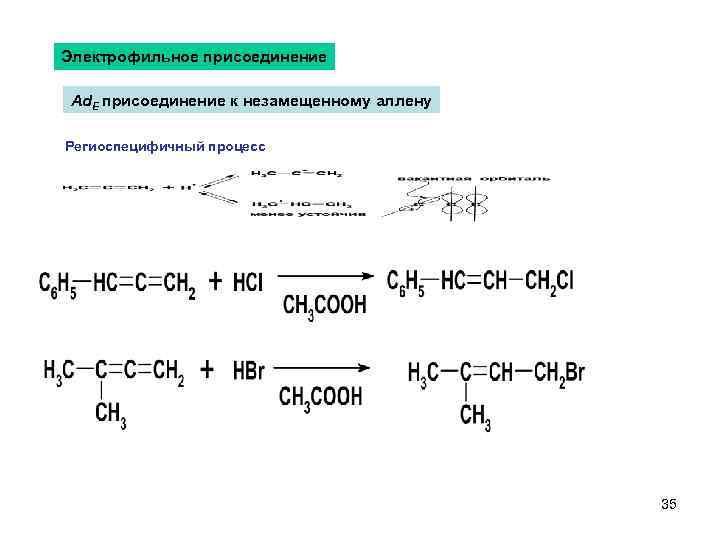 Электрофильное присоединение Ad. E присоединение к незамещенному аллену Региоспецифичный процесс 35 