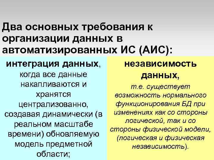 Два основных требования к организации данных в автоматизированных ИС (АИС): интеграция данных, независимость данных,