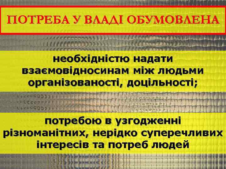 ПОТРЕБА У ВЛАДІ ОБУМОВЛЕНА необхідністю надати взаємовідносинам між людьми організованості, доцільності; потребою в узгодженні