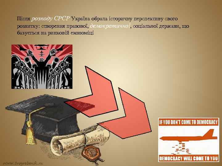 Після розпаду СРСР Україна обрала історичну перспективу свого розвитку: створення правової, демократичної, соціальної держави,