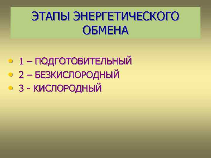 ЭТАПЫ ЭНЕРГЕТИЧЕСКОГО ОБМЕНА • 1 – ПОДГОТОВИТЕЛЬНЫЙ • 2 – БЕЗКИСЛОРОДНЫЙ • 3 -