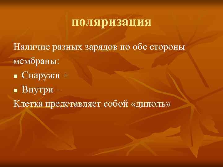 поляризация Наличие разных зарядов по обе стороны мембраны: n Снаружи + n Внутри –