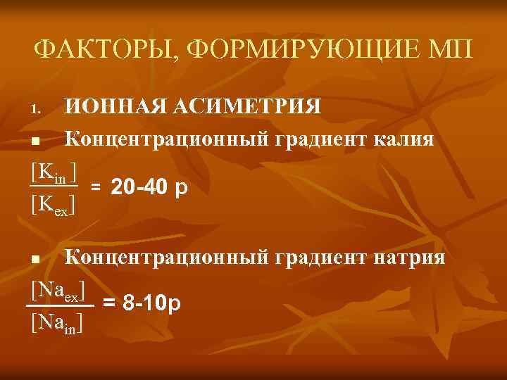 ФАКТОРЫ, ФОРМИРУЮЩИЕ МП ИОННАЯ АСИМЕТРИЯ n Концентрационный градиент калия [Kin ] = 20 -40