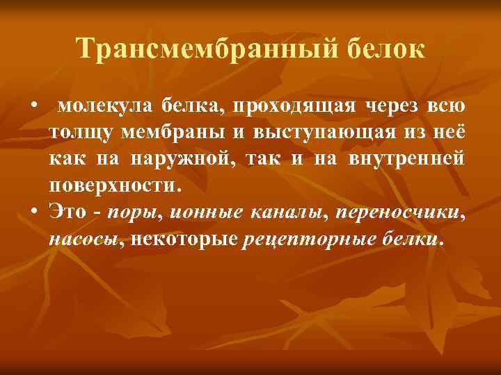 Трансмембранный белок • молекула белка, проходящая через всю толщу мембраны и выступающая из неё