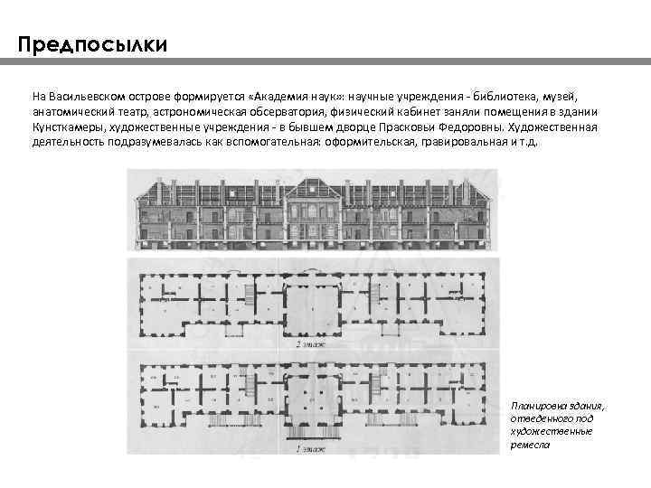 Предпосылки На Васильевском острове формируется «Академия наук» : научные учреждения библиотека, музей, анатомический театр,