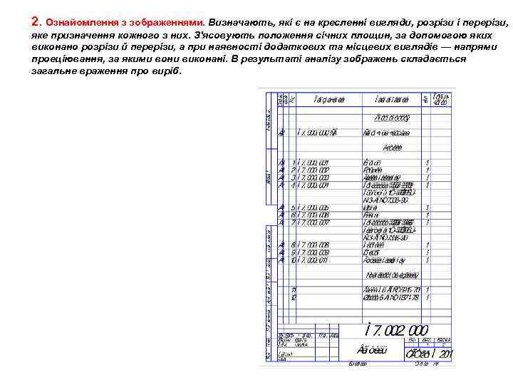 2. Ознайомлення з зображеннями. Визначають, які є на кресленні вигляди, розрізи і перерізи, яке