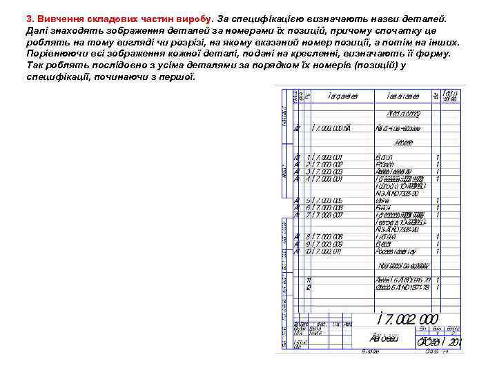 3. Вивчення складових частин виробу. За специфікацією визначають назви деталей. Далі знаходять зображення деталей