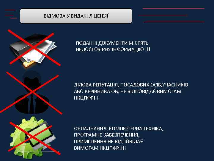 ВІДМОВА У ВИДАЧІ ЛІЦЕНЗІЇ ПОДАННІ ДОКУМЕНТИ МІСТЯТЬ НЕДОСТОВІРНУ ІНФОРМАЦІЮ !!! ДІЛОВА РЕПУТАЦІЯ, ПОСАДОВИХ ОСІБ,