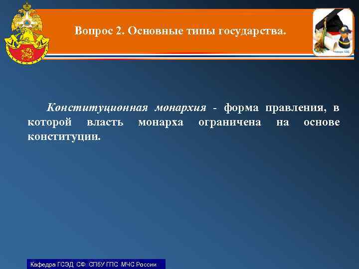 Вопрос 2. Основные типы государства. Конституционная монархия - форма правления, в которой власть монарха