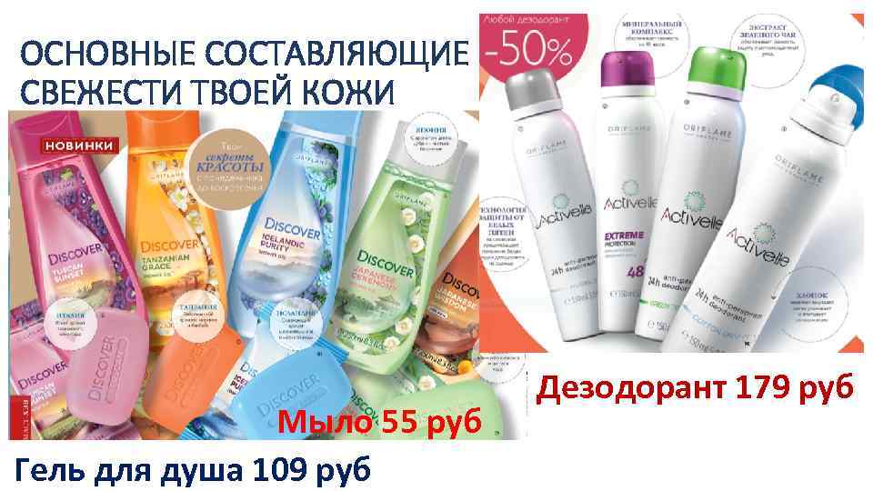 ОСНОВНЫЕ СОСТАВЛЯЮЩИЕ СВЕЖЕСТИ ТВОЕЙ КОЖИ Мыло 55 руб Гель для душа 109 руб Дезодорант