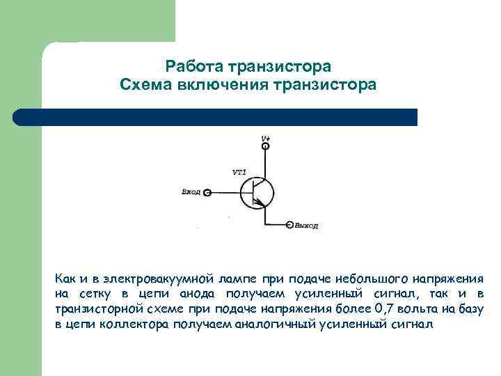 Работа транзистора Схема включения транзистора Как и в электровакуумной лампе при подаче небольшого напряжения