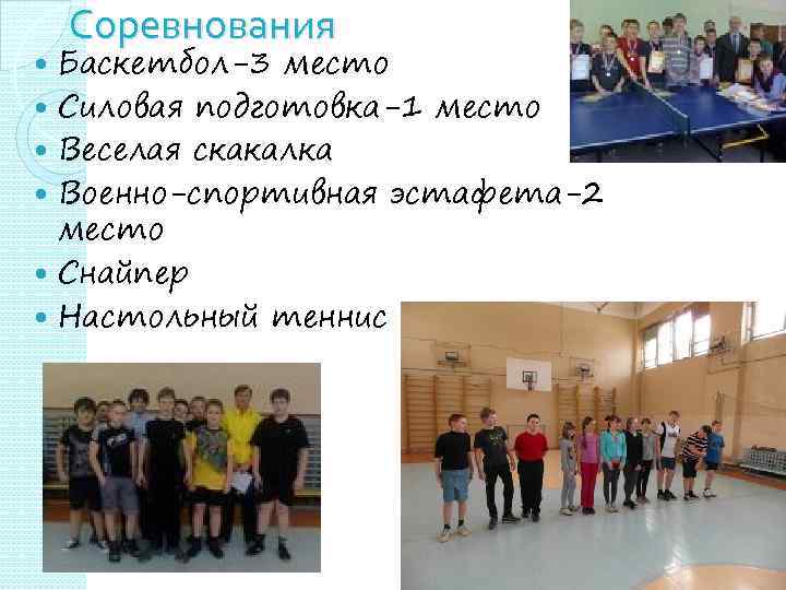 Соревнования Баскетбол-3 место Силовая подготовка-1 место Веселая скакалка Военно-спортивная эстафета-2 место Снайпер Настольный теннис