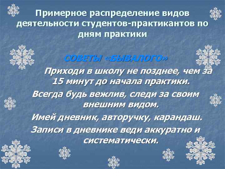 Примерное распределение видов деятельности студентов-практикантов по дням практики СОВЕТЫ «БЫВАЛОГО» Приходи в школу не
