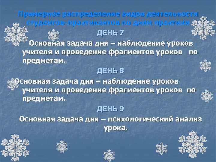 Примерное распределение видов деятельности студентов-практикантов по дням практики ДЕНЬ 7 Основная задача дня –