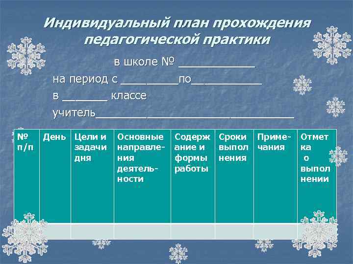 Индивидуальный план работы студента практиканта в школе