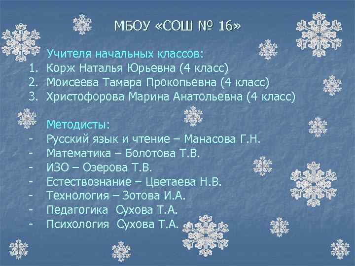 МБОУ «СОШ № 16» Учителя начальных классов: 1. Корж Наталья Юрьевна (4 класс) 2.
