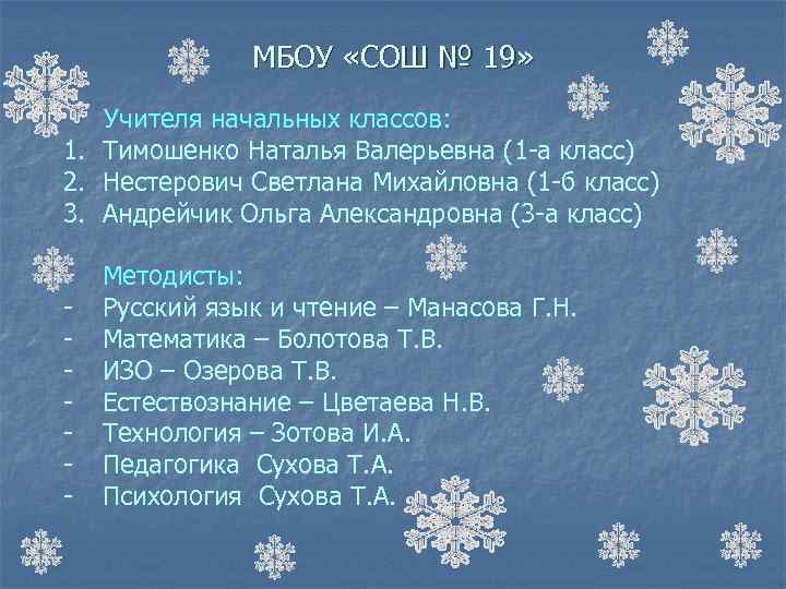 МБОУ «СОШ № 19» Учителя начальных классов: 1. Тимошенко Наталья Валерьевна (1 -а класс)