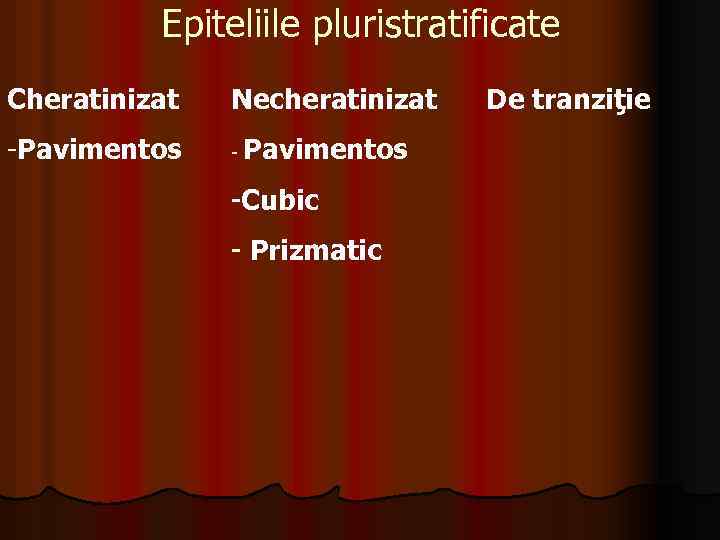Epiteliile pluristratificate Cheratinizat Necheratinizat -Pavimentos -Cubic - Prizmatic De tranziţie 