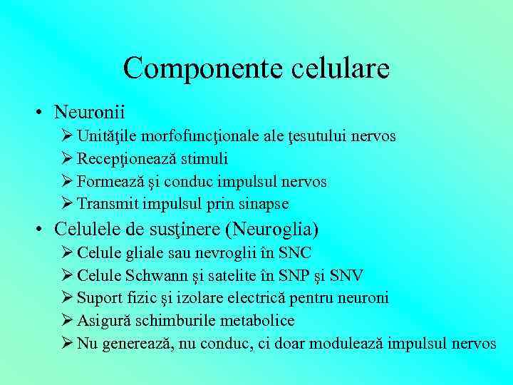 Componente celulare • Neuronii Ø Unităţile morfofuncţionale ţesutului nervos Ø Recepţionează stimuli Ø Formează