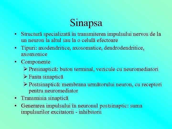 Sinapsa • Structură specializată în transmiterea impulsului nervos de la un neuron la altul