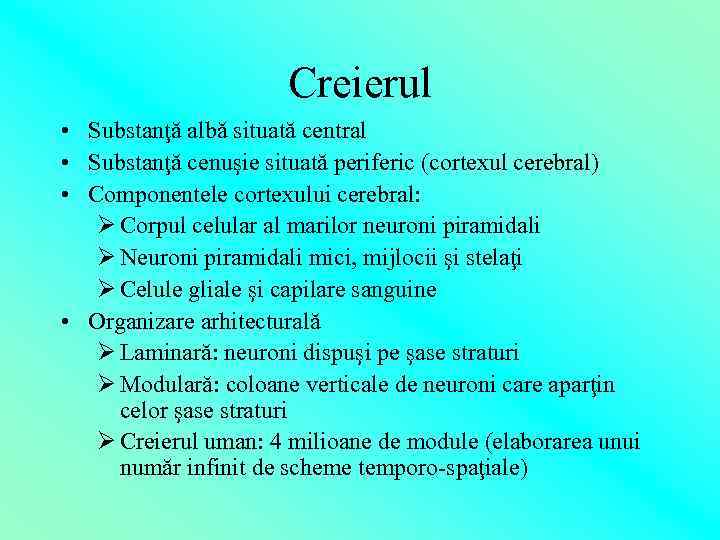 Creierul • Substanţă albă situată central • Substanţă cenuşie situată periferic (cortexul cerebral) •