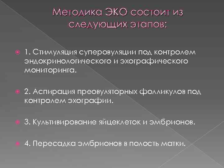 Методика ЭКО состоит из следующих этапов: 1. Стимуляция суперовуляции под контролем эндокринологического и эхографического