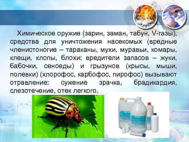 . Химическое оружие (зарин, заман, табун, V-газы), средства для уничтожения насекомых (вредные членистоногие –