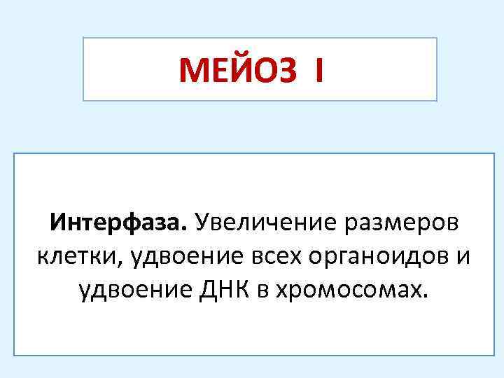 МЕЙОЗ IЗ Интерфаза. Увеличение размеров клетки, удвоение всех органоидов и удвоение ДНК в хромосомах.