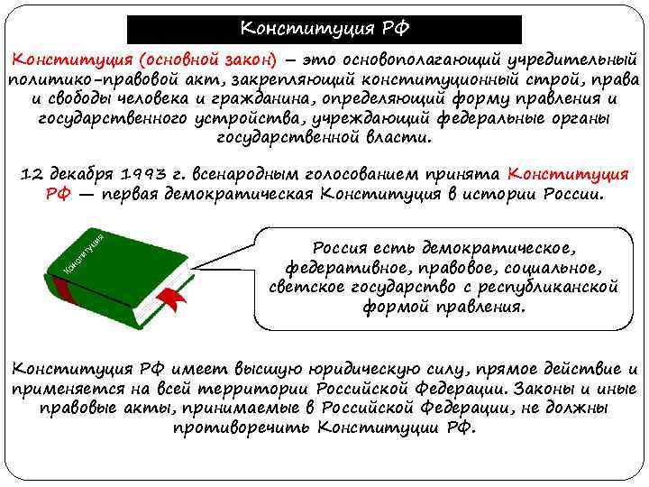 Конституция РФ Конституция (основной закон) – это основополагающий учредительный политико-правовой акт, закрепляющий конституционный строй,