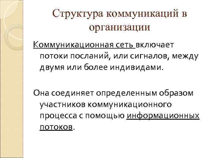 Структура коммуникаций в организации Коммуникационная сеть включает потоки посланий, или сигналов, между двумя или