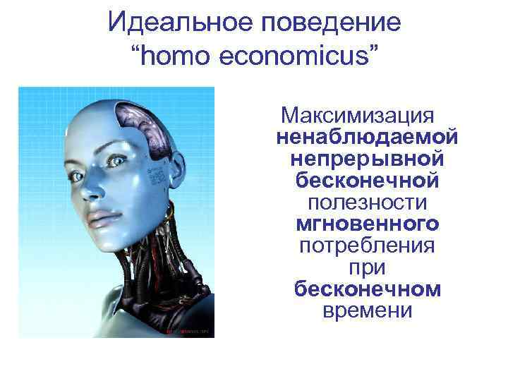 Идеальное поведение “homo economicus” Максимизация ненаблюдаемой непрерывной бесконечной полезности мгновенного потребления при бесконечном времени